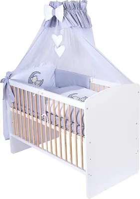 Produktbild von KMbaby Babybett K2 gelb-weiss 120x60 mit 10tlg Bettwäsche Set Matratze Gitterbett Teddy auf dem Mond grau