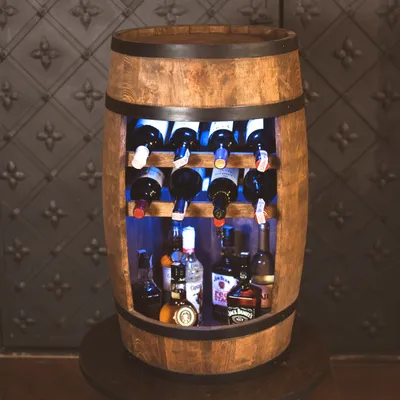 Immagine prodotto di Cantina in legno, botte in legno, altezza 80 cm, botte per vino, portabottiglie per alcolici, portabottiglie in legno con 3 coppie di cerchi (wengé)