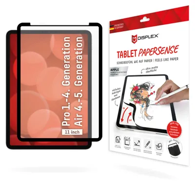 Produktbild von Displex TABLET PAPERSENSE für iPad Pro 11'' (1./2./3./4. Gen.)/Air (4./5. Gen.), wiederablösbare Schreibfolie und Zeichenfolie mit Paper Feeling, Papierähnliche Schutzfolie für den Bildschirm, 27,9 cm (11"), Matt, 5H, Polyethylenterephthalat, 1 Stück(e)