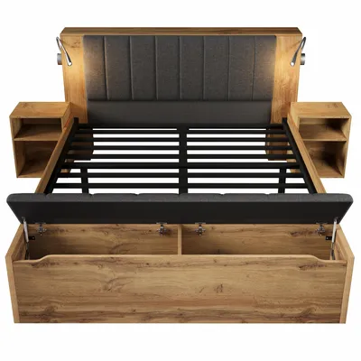 Produktbild von Abrihome Klassisches Bett 180x200cm Holzbett mit Nachttische, Bettbank, Kopfteil aus Leinenstoff, Doppelbett Stauraumbett mit USB, ohne Matratze