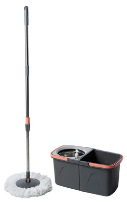 Productafbeelding van Relaxdays Wischmopset, 14 liter emmer en centrifuge, stapelbaar, afmetingen 25,5 x 26 x 48,5 cm, 2x driehoekige microvezel dweildoeken, grijs