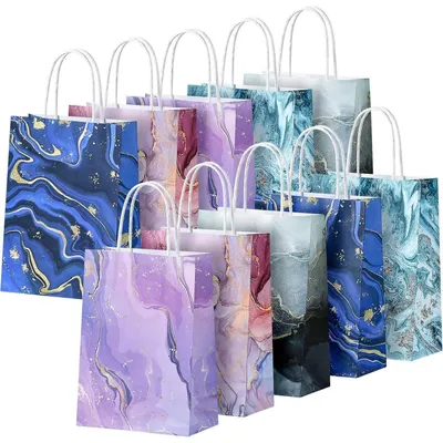Productafbeelding van Geschenktassen met handvat, 10 stuks, kraftpapier, marmerprint, 21x15x8 cm