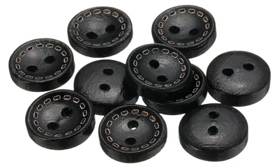Produktbild von Runde, schwarze Holzknöpfe, 11 mm Durchmesser, 10 Stück, mit 2 Löchern