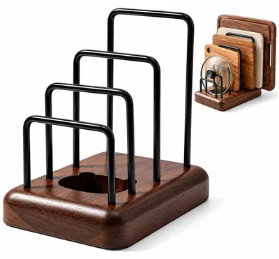 Produktbild von Schneidebretthalter aus Walnussholz, Schneidebrett Rack, 3 Fächer Ordnungshelfer küche für Topfdeckel, Backbleche und Teller