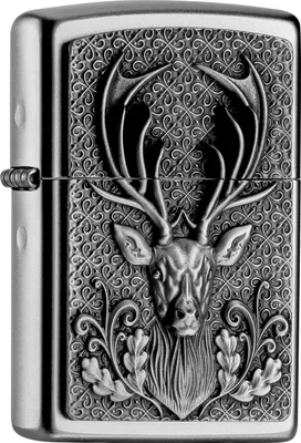 Immagine prodotto di Accendino Zippo Deer Emblem Satin Finish cromato argento con emblema testa di cervo