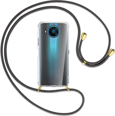 Produktbild von Handykette Backcover-Schutzhülle mit Band (Metall goldfarben) für Nokia 8.3 5G - dunkelgrau