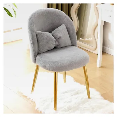 Produktbild von Schminktischstuhl, Moderner Esszimmerstuhl mit verstellbaren goldenen Beinen und Schleifenkissen für Schlafzimmer, Homeoffice, Wohnzimmer (Plüsch, Grau)