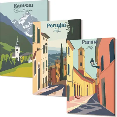 Produktbild von Wandbild – Leinwandbild – Leinwandbilder – Polycanvas – Kunstdruck – Modern – Panorama – Mehrteilig – 3-Teilig Set – Hochwertig – Lichtecht – Geruchslos – 20x30 Cm Je Element - Berglandschaften und Straßen italienischer Städte