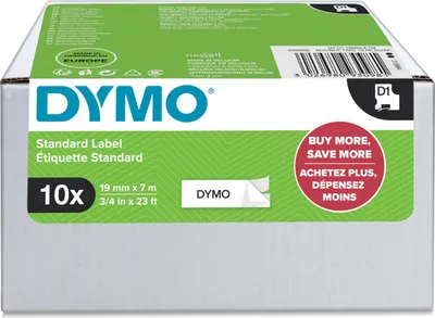 Produktbild von DYMO Original D1-Etikettenband VORTEILSPACK| schwarz auf weiß | 19 mm x 7 m | selbstklebendes Schriftband |Polyster | für LabelManager-Beschriftungsgerät | 10 D1 Schriftbandkassetten