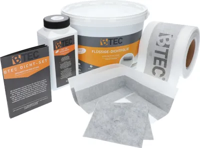Produktbild von BTEC Dicht-Set "Spezial DUSCHE" zur Abdichtung 6 kg flüssige Dichtfolie 1 kg Haftgrund 5 m Dichtband 2 Innenecken 2 Dichtmanschetten