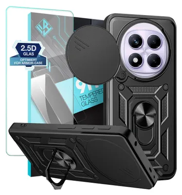 Produktbild von Armor Handyhülle für Xiaomi Redmi Note 14 Pro mit 9H Displayglas Displayschutz Kameraschutz Handy Panzer Case Cover Schutzhülle Outdoor Farbe: Schwarz