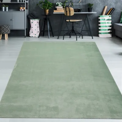 A green rug is laid out on a light gray floor in a room with a desk, chair, and storage unit.