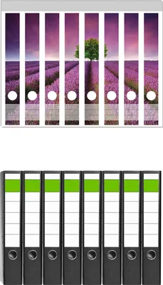 Produktbild von Wallario 8 Stück schmale Ordner inkl. Klebeetiketten mit Motive Lila Blumenfeld -  Set mit Rückenschildern / Ordnerrücken Stickern