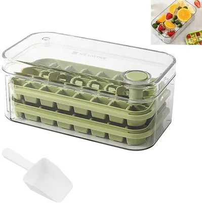 Produktbild von Eiswürfelbox mit Deckel und 64 Fächern - 22,8 x 12,4 x 11 cm - Eiswürfel-Abtropfgerät enthalten - Kompakt und leicht zu formen - Ideal für Kühlschränke zum Eiswürfeln und Getränke kühlen - Grün