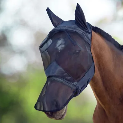 Imagen del producto de Máscara para caballos contra moscas, con hocico y orejas largas, talla Cob, transpirable, protección contra insectos