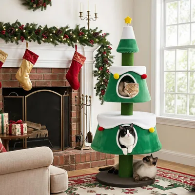 Produktbild von COSTWAY Weihnachtsbaum Kratzbaum 156cm,Katzenbaum mit katzenhöhle, Jute Kratzsäulen, waschbaren Kissen&breite Basis,Katzenkratzbaum mit Deko&Spielzeug