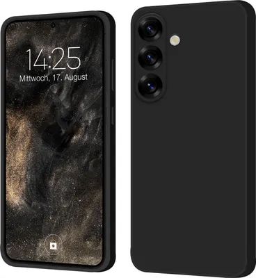 A black smartphone case is shown from the front and back, with the front displaying a phone screen.