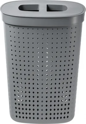 A gray laundry hamper with a dual opening lid.