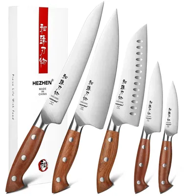 5-tlg. Küchenmesser-Set, rostfreier Stahl, Santoku, Rotholzgriff