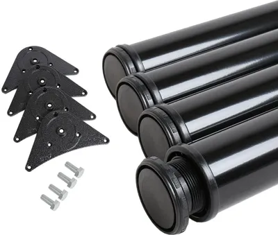 A set of black table legs and mounting plates are shown against a white background.