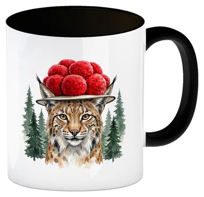 Produktbild von Luchs mit Bollenhut Kaffeebecher in schwarz Schwarzwald Motiv