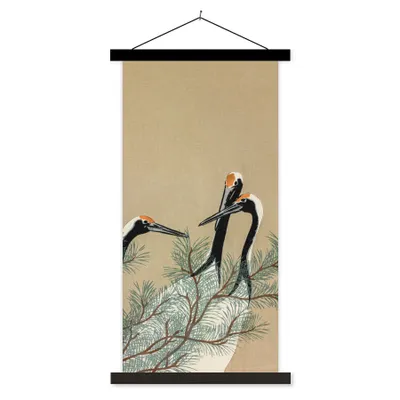 Produktbild von MuchoWow® Textilposter Blätter - Kranich - Tiere - Skandinavisch - Japan 60x120 cm mit schwarzem Rahmen - Magnete