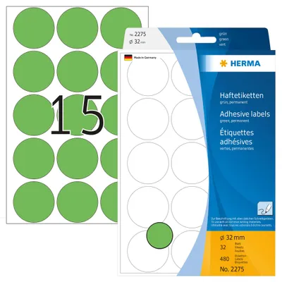 Immagine prodotto di HERMA, etichette universali, verdi, diametro 32 mm, rotonde, carta opaca, confezione da 480 pezzi