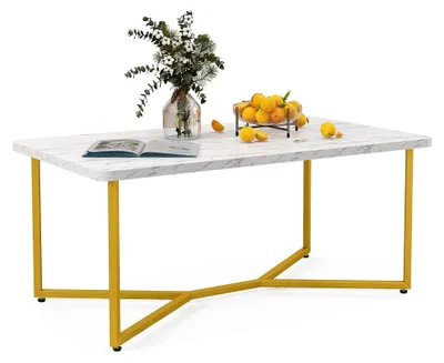 Produktbild von Couchtisch Marmor Gold, Rechteckiger Wohnzimmertisch mit Metallrahmen, Moderner Kaffeetisch mit verstellbaren Fußpolstern, Sofatisch für Wohnzimmer und Büro, 107 x 60 x 45,5 cm