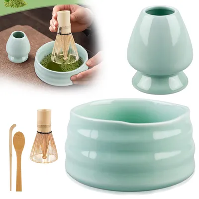 Produktbild von Matcha Tee Set, Matcha Besen Set mit Matcha-Schneebesen, Besenhalter, Matcha Schale aus Keramik, 2 Teelöffel