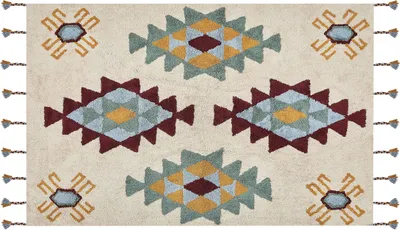 Produktbild von BELIANI Teppich Beige Mehrfarbig Baumwolle 140 x 200 cm Rechteckig Geometrisches Muster Boho Stil Handgetuftet für Wohnzimmer Schlafzimmer Flur