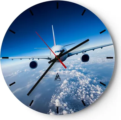 Produktbild von Wanduhr - Rund - Glasuhr - Flugzeug himmel wolken flug - 30x30cm - Schleichendes Uhrwerk - Lautlos - zum Aufhängen bereit - Dekoration Modern - Wanddekoration aus Glas - C3AR30x30-2723