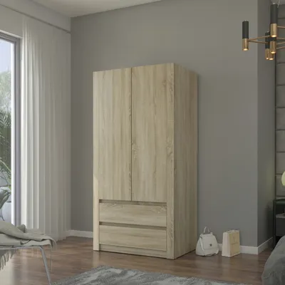 Produktbild von Kleiderschrank Garderobenschrank mit 2 Türen, 3 Einlegeböden, Kleiderstange und 2 Schubkästen Sonoma – 90 × 57 × 180 cm (LxBxH)