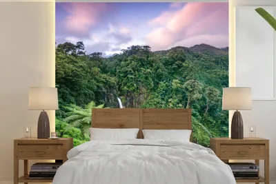 Produktbild von MuchoWow® Fototapete für Wohnzimmer oder Schlafzimmer Wandtapete Vinyl Motivtapete Wasserfall - Sonnenuntergang - Dschungel - 260x260 cm - Papiertapeten