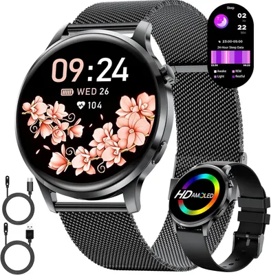 Produktbild von LIGE Smartwatch Damen Rund mit Telefonfunktion 7,9mm Dünn 1.32" AMOLED Elegant Fitnessuhr Frauen für Android iOS,Sportuhr mit Herzfrequenz Schlafmonitor,Menstruationszyklus,100+ Sportmodi,Schwarz