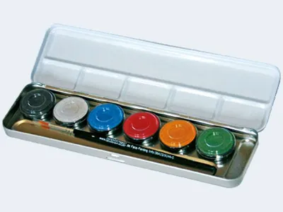 Produktbild von 6 Perlglanz-Farben Metall-Palette im Metalletui und 1 Profi-Pinsel