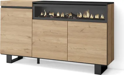 Image de COZY Buffet salon et cuisine, 150x35x87cm, 3 Portes, Cheminée électrique, Chêne et noir