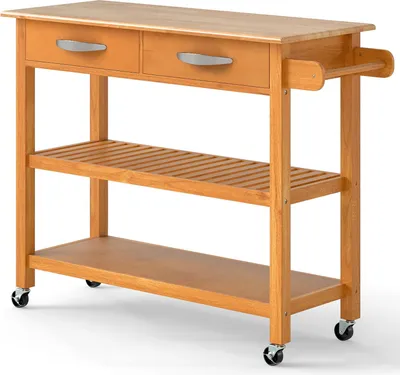 Image de Chariot de cuisine en bois avec plan de travail, tiroirs et étagères