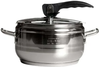 A stainless steel pressure cooker is shown against a white background.