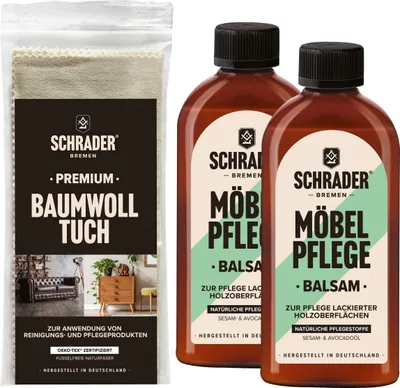 Produktbild von SCHRADER Möbelpflege Set - Balsam für lackierte Holzmöbel & Holzoberflächen mit Poliertuch - 3-teilig - Germany