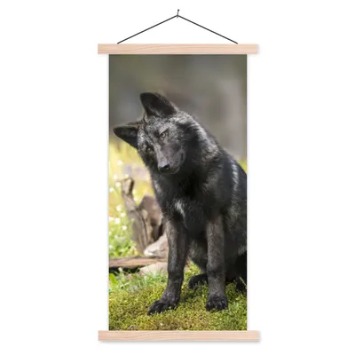 Produktbild von MuchoWow® Textilposter Wolf - Schwarz - Gras 60x120 cm mit holzfarbenen Rahmen - Holz