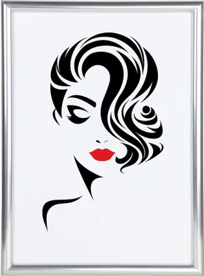 A stylized illustration of a woman's face with dramatic hair and red lips, framed by a silver border.