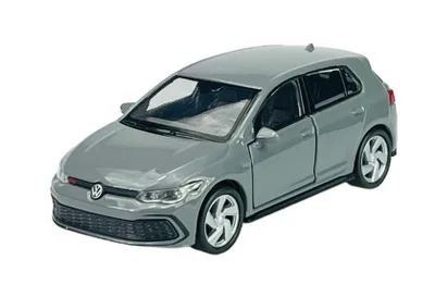 A gray Volkswagen Golf 8 GTI toy car is shown from a three-quarter front angle against a white background.