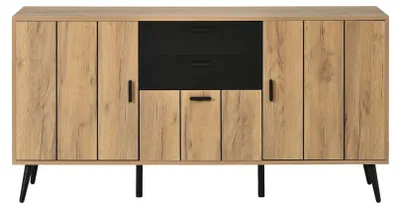 Image de Buffet moderne effet bois et noir 2 tiroirs 3 portes 140x35x67cm