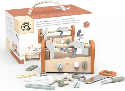Productafbeelding van 1 werkbank - Gereedschapskist 25 x 13 - Kleurrijk - Houten speelgoed voor kinderen - Liefdevolle details - Leuk cadeau-idee