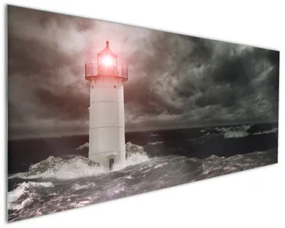 Produktbild von Wallario Küchenrückwand aus Glas, Größe: 125 x 50 cm, Motiv: Leuchtturm im Wasser bei stürmischer See | Spritzschutz | abwischbar | pflegeleicht | in