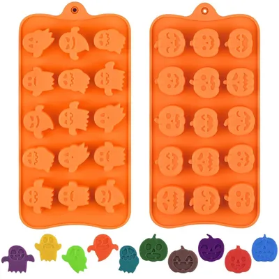 Immagine prodotto di Stampo in silicone per cioccolatini, confezione da 2 pezzi, tema Halloween: zucca, fantasma, colore arancione, con 15 cavità