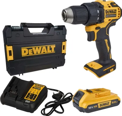 A Dewalt cordless drill, battery, charger, and case are displayed against a white background.