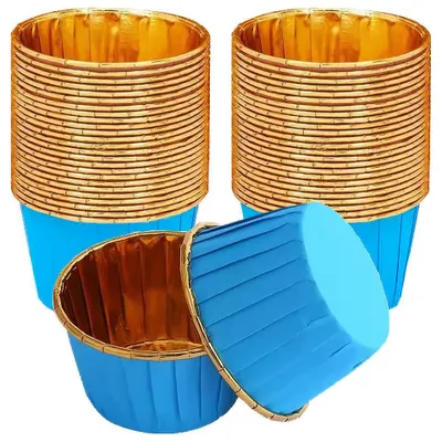 Produktbild von Muffinförmchen Blau Gold – 50 Stück – 50x40 mm – stabil – fettabweisend