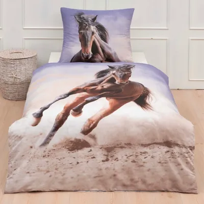 Produktbild von Pferde Bettwäsche 80x80 + 135x200 cm · Mädchen-Bettwäsche mit Pferd - 100% Baumwolle