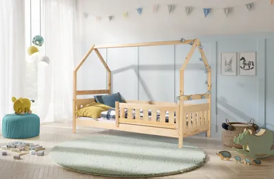 Produktbild von KEF Kinderbett 90x200 cm Hausbett für Schlafzimmer Bodenbett aus Holz mit Lattenrost Babybett mit Matratze Floor Bed Naturbelassen